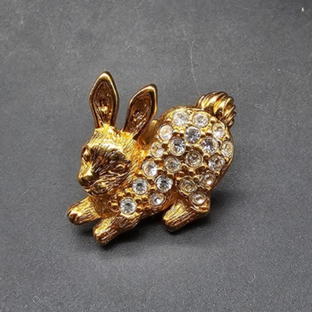 Vintage Avon Bunny Rabbit Pin Gold Tone Rhinestone 1993 Precious Bunny Easter